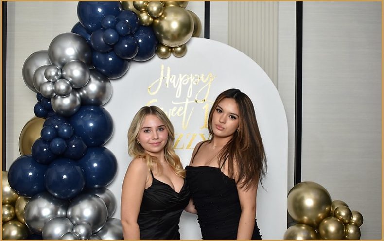 Sweet 16 guests posing in front of a balloon arch in the photo booth