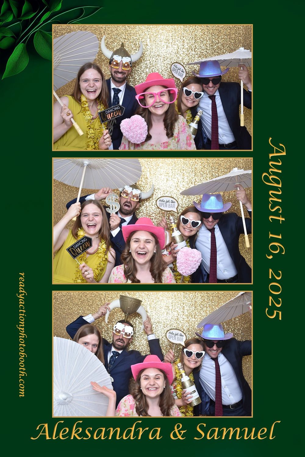Wedding guests in props on a gold sequin photo booth backdrop
