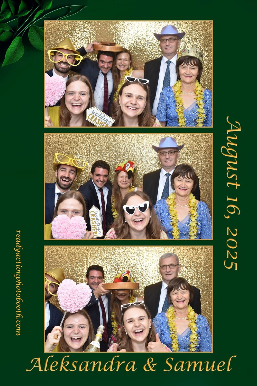 Wedding guests with parasols and props on a gold sequin backdrop