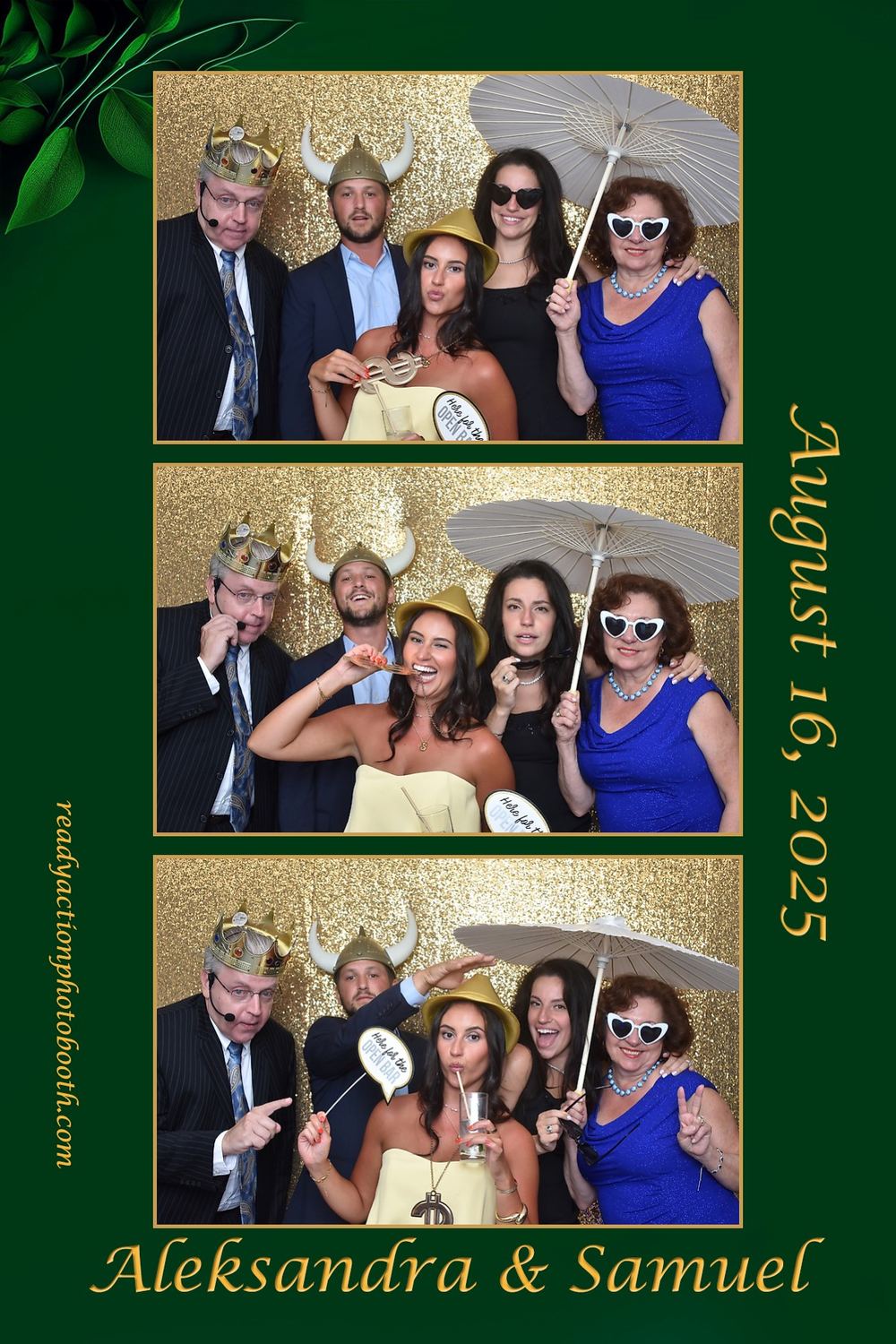 Wedding guests in crowns and props on a photo booth strip